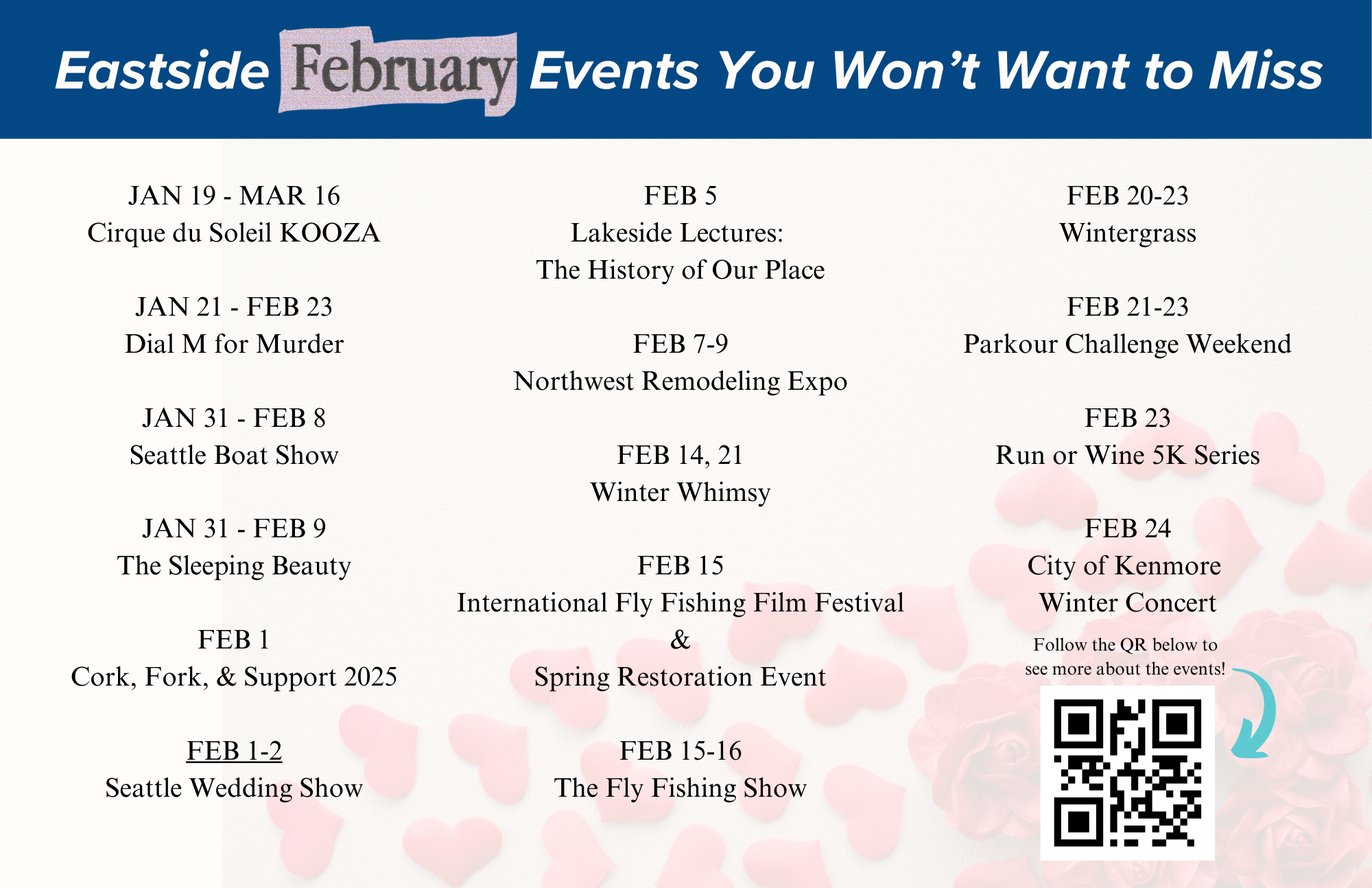 Best February events in Kirkland, Bellevue, and Redmond, Calendar of February community events Eastside. Items include: Kirkland February events, Bellevue winter activities, Redmond February events, Woodinville community events, February Bothell winter events, Eastside February happenings.